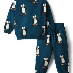 Bonfino 100% Cotton Knit Full Sleeves Sweatshirt & Joggers Co-Ord Set With Penguin Print - Blue-image-60