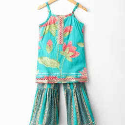 Saka Designs Cotton Woven Sleeveless Kurti Gharara Set with Floral Print & Lace Detailing - Aqua Blue-picture-33