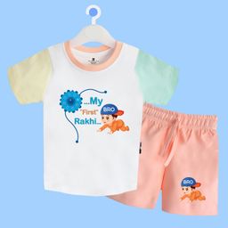 The Peppy Tend 100% Cotton Knit Raksha Bandhan Theme Half Sleeves My First Rakhi Text Printed Tee & Coordinating Shorts Set - Multi Colour-image-23
