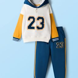 Babyhug Terry Knit Drop Shoulder Full Sleeves Hooded T-Shirt and Joggers Set With 23 Text Print - Navy Blue & White-picture-5