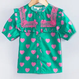 Hugsntugs Cotton Woven Half Puffed Sleeves Hearts Printed & Lace Embellished Frock Style Top - Green-picture-6