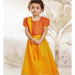 Vastramay Cotton Woven Half Puffed Sleeves Striped & Floral Embroidered Lehenga Choli With Dupatta Set - Orange-picture-4