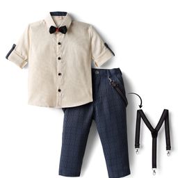 Rikidoos Full Sleeves Solid Shirt Pant With Bow & Suspender Set - Cream & Blue-picture-35