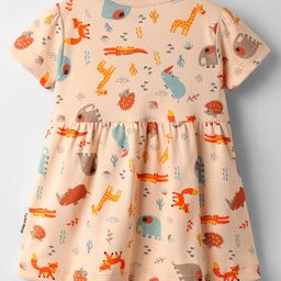 Child World Interlock Knit Half Sleeves Front Open Frock with Jungle Theme Print - Peach image 2