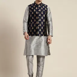 SOJANYA Mandarin Collar Regular Kurta With Churidar & With Nehru Jacket-picture-17