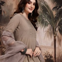 Sangria Floral Embroidered Empire Pure Cotton Kurta Sets With Dupatta-33