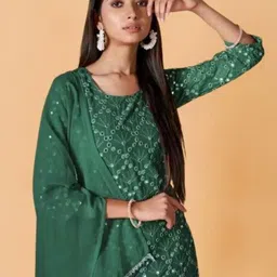 PARROT CREATION Women Embroidered Regular Sequinned Kurti with Sharara & With Dupatta image 3