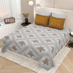 Aura Grey & Brown Floral 180 TC King Bedsheet with 2 Pillow Covers-image-45