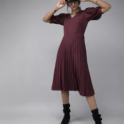 RARE Women Maroon Solid Accordion Pleated Fit and Flare Dress-image-25