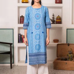 Chandbaali Ethnic Motifs Printed Round Neck Mirror Work Straight Kurta-picture-25