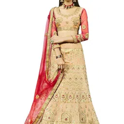 MANVAA Peach-Coloured & Red Embroidered Thread Work Semi-Stitched Lehenga & Unstitched Blouse With Dupatta image 3