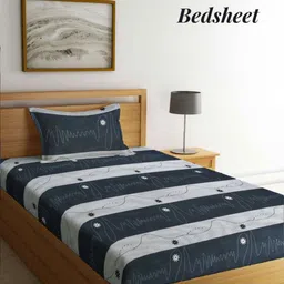 Aura Grey & Black Striped 350 TC Single Bedsheet with 1 Pillow Covers-picture-12