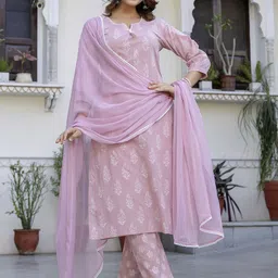 Anouk Floral Printed Notch Neck Thread Work Pure Cotton Kurta With Trousers & Dupatta-picture-7