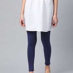 W Women Navy Blue Solid Knitted Ankle Length Leggings-40