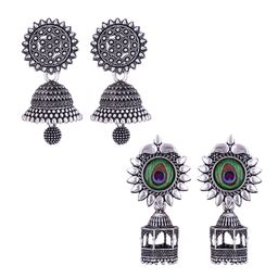 DIVASTRI Set Of 2 Silver-Plated Stones Studded and Beaded Floral Oxidised Jhumkas-48