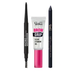 GLAM21 Set Of 3 Eyebrow Pencil Brown, Brow Grip Eyebrow Gel & Kohl Drama Kajal Black-6