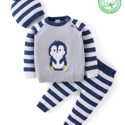 Babyhug Organic Cotton Knit Full Sleeves Striped Sweater Set with Penguin Design - Navy & Grey-image-41