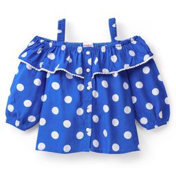 Babyhug 100% Rayon Cold Shoulder Sleeves Front Open Top With Frill Detailing Polka Dot Print- Blue-image-84