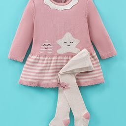 ToffyHouse Full Sleeves Winter Wear Suits With Tights Star Print - Pink & White-image-8