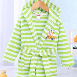 Babyhug Terry Knit Full Sleeves Striped Bath Robe With Hood and Car Embroidery - Green-image-49