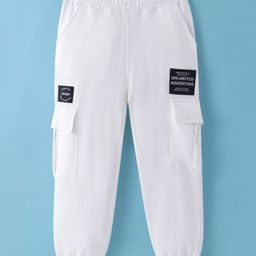 Honeyhap Premium100% Cotton Looper Knit Full Length Lounge Pant with Cargo Pockets & Text Patch - White-image-51