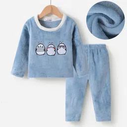 Kookie Kids Full Sleeves Winter Wear Night Suit with Animal Embroidery - Blue-picture-31