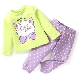 Babyhug Disney Single Jersey Full Sleeve Night Suit With Marie Graphics - Green & Purple-image-42