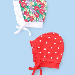 Babyhug 100% Cotton Knit Floral & Polka Dots Printed Caps with Knot Pack of 2 - Red & White-image-90