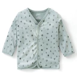 OHMS Single Jersey Knit Full Sleeves Front Open Vest with Tree Print - Green-20