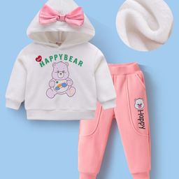 Kookie Kids Full Sleeves Hooded Winter Wear Suit With Bow & Happy Bear Print - White & Pink-image-35