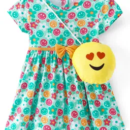 Babyhug Single Jersey Knit Half Sleeves Frock with Sling BagFloral Print & Bow Applique - Sea Green-picture-7