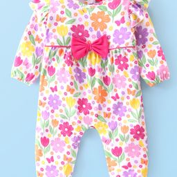 Babyhug 100% Interlock Cotton Knit Full Sleeves Rompers With Floral Print & Bow Applique - Multicolour-image-32