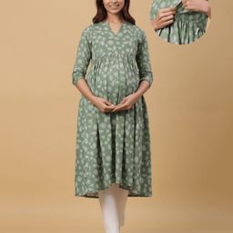 CRAFIQA Three Fourth Sleeves Floral Printed Maternity Kurta With Concealed Zipper Nursing Access - Light Green-image-72