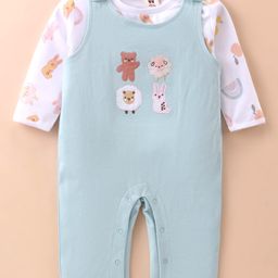 ToffyHouse 100% Cotton Knit Full Sleeves Animal Printed & Embroidered Dungaree Style Romper with T-Shirt  - Light Blue-23