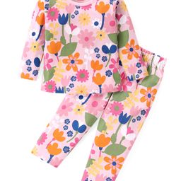 Babyhug Cotton Knit Full Sleeves Night Suit with Floral Print - Multicolour-image-96