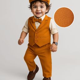Mark & Mia Cotton Woven Full Sleeves Solid 3 Piece Party Suit With Bow & Hat - Light Brown & White-image-97