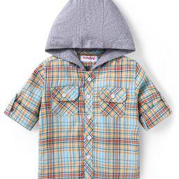 Babyhug Cotton Woven Full Sleeves Hooded Shirt With Checks - Light Blue-image-62