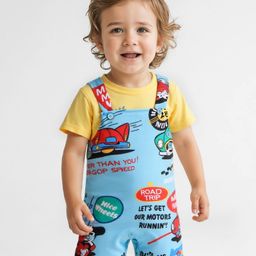 Babyhug Disney Single Jersey Knit Dungaree & Half Sleeves T-Shirt With Mickey Mouse Graphics - Light Blue & Yellow-image-96