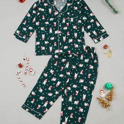 Little Ginnie Cotton Full Sleeves Polar Bear Tree Printed Nightwear - Green-image-53