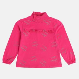 MINI KLUB Cotton Full Puffed Sleeves Shimmered Typography Printed Top - Pink-picture-17