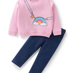 Babyhug Terry Knit Full Sleeves Sweatshirt & Jegging Set with Rainbow Patch - Pink & Navy Blue-image-66