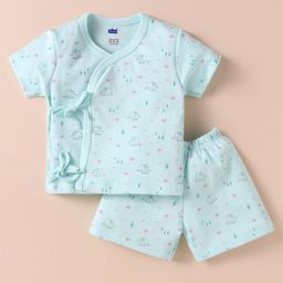 Simply Interlock Knit Half Sleeves Front Open Shorts Night Suit Elephant Print - Aqua-image-7