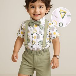Mark & Mia Cotton Woven Half Sleeves Shirt with Shorts Set with Suspender & Bow and Geometric Print - White & Olive Green-image-78