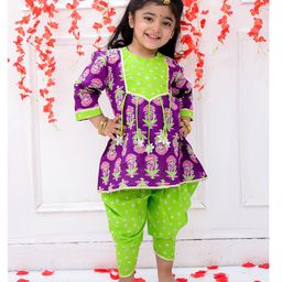 KID1 Cotton Three Fourth Sleeves Floral Motifs Printed Kurta Dhoti Set - Purple & Green-image-89