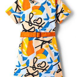 OLLINGTON ST. Cotton Knit Abstract Printed Half Sleeves Dress with Belt - Light Blue-picture-26