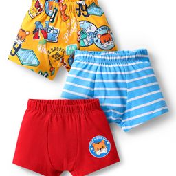 Babyhug 100% Cotton Single Jersey Knit Trunk With Stripes & Animal Print Pack Of 3 - Red Light Blue & Yellow-image-101