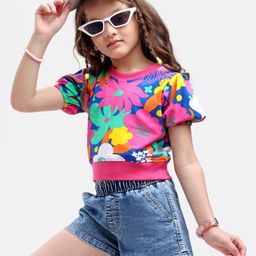 Ollington St. CottonKnit Half Sleeves Floral Printed Top & Stretchable Denim Shorts Set - Multicolor & Indigo-image-88