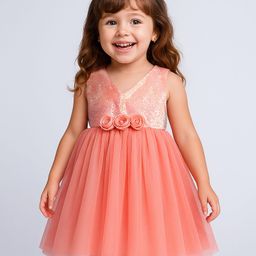 Babyhug Woven Sleeveless Fit & Flare Mesh Party Dress with Sequin Detailing & Floral Applique - Peach-image-92