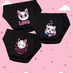 NUSYL Cotton Pack Of 3 Cute Kitty & Smile Text Printed Panties - Black-image-77