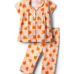 Babyhug Cotton Knit Half Sleeves Co-ords Night Suit With Checks & Tropical Theme Print - Orange-image-71